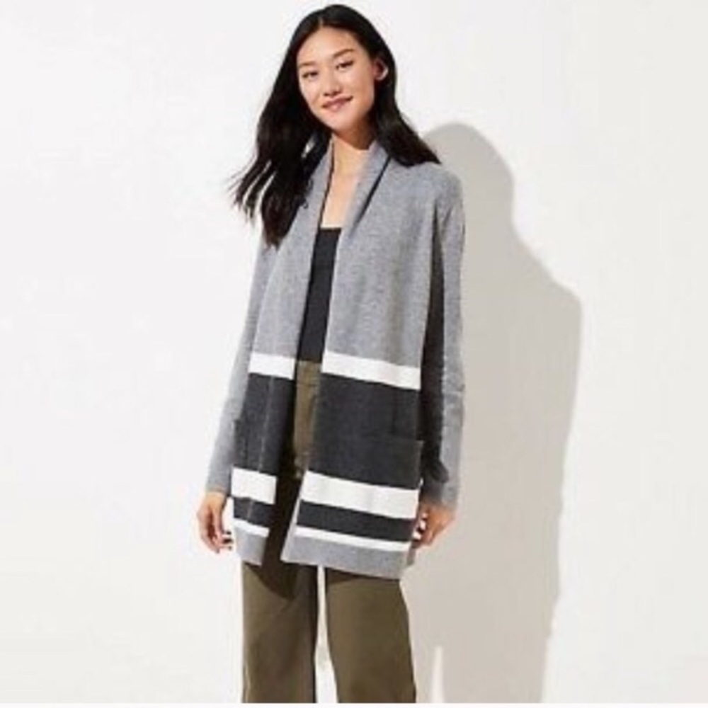 Loft Gray Stripe Open Cardigan Sweater Size XL NWT - Picture 1 of 9
